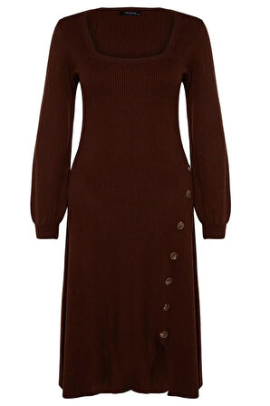 Yeni Slim Casual Günlük Fitilli Triko Kare Yaka Uzun Kol Bodycone Midi Boy Büyük Beden Elbise