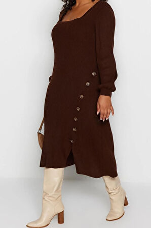 Yeni Slim Casual Günlük Fitilli Triko Kare Yaka Uzun Kol Bodycone Midi Boy Büyük Beden Elbise