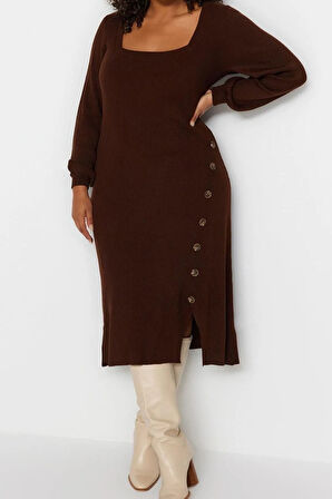 Yeni Slim Casual Günlük Fitilli Triko Kare Yaka Uzun Kol Bodycone Midi Boy Büyük Beden Elbise