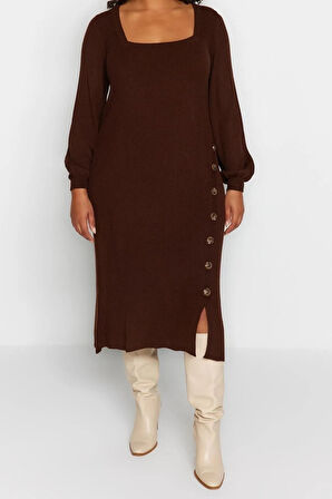 Yeni Slim Casual Günlük Fitilli Triko Kare Yaka Uzun Kol Bodycone Midi Boy Büyük Beden Elbise