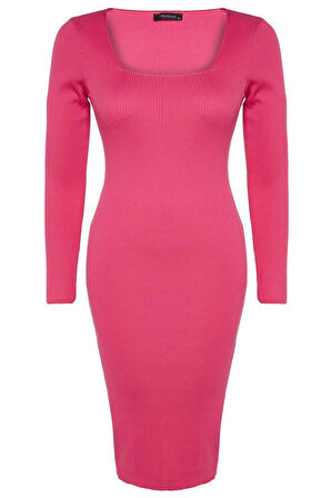 Yeni Fit Casual Günlük Fitilli Triko Kare Yaka Uzun Kol Bodycone Midi Boy Büyük Beden Elbise