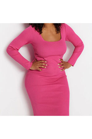 Yeni Fit Casual Günlük Fitilli Triko Kare Yaka Uzun Kol Bodycone Midi Boy Büyük Beden Elbise