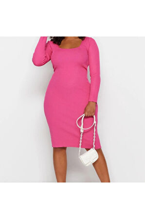 Yeni Fit Casual Günlük Fitilli Triko Kare Yaka Uzun Kol Bodycone Midi Boy Büyük Beden Elbise