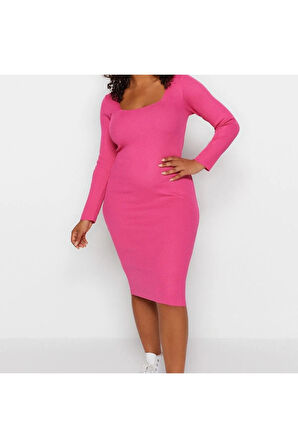 Yeni Fit Casual Günlük Fitilli Triko Kare Yaka Uzun Kol Bodycone Midi Boy Büyük Beden Elbise