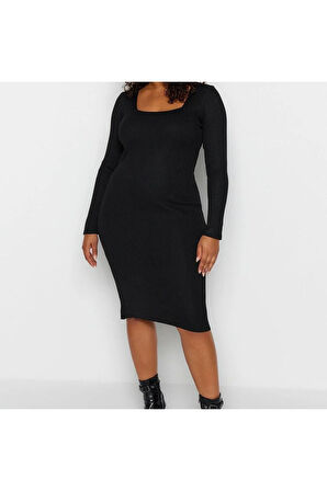 Yeni Fit Casual Günlük Fitilli Triko Kare Yaka Uzun Kol Bodycone Midi Boy Büyük Beden Elbise