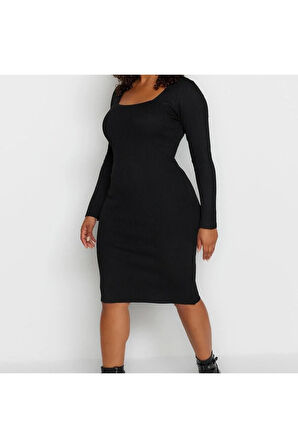 Yeni Fit Casual Günlük Fitilli Triko Kare Yaka Uzun Kol Bodycone Midi Boy Büyük Beden Elbise