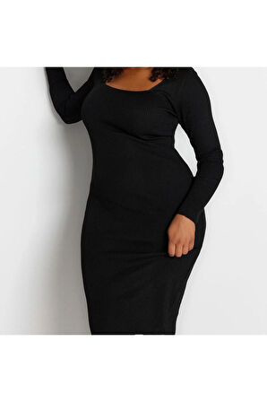 Yeni Fit Casual Günlük Fitilli Triko Kare Yaka Uzun Kol Bodycone Midi Boy Büyük Beden Elbise