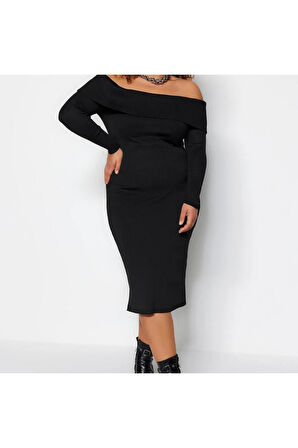 Yeni Fit Gündüz Gece Tek Plaka Triko Carmen Yaka Uzun Kol Bodycone Midi Boy Büyük Beden Elbise
