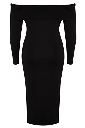 Yeni Fit Gündüz Gece Tek Plaka Triko Carmen Yaka Uzun Kol Bodycone Midi Boy Büyük Beden Elbise