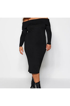 Yeni Fit Gündüz Gece Tek Plaka Triko Carmen Yaka Uzun Kol Bodycone Midi Boy Büyük Beden Elbise