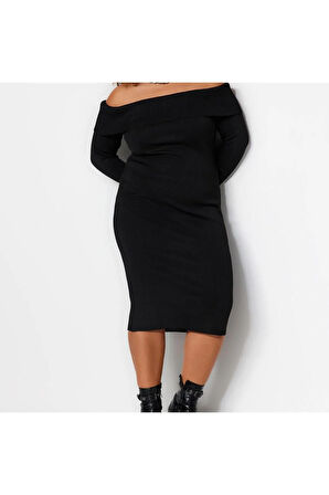 Yeni Fit Gündüz Gece Tek Plaka Triko Carmen Yaka Uzun Kol Bodycone Midi Boy Büyük Beden Elbise