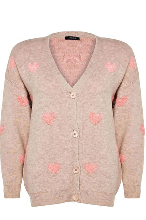 Kadın Büyük Beden Moda Şık Regular Ceket Yaka Uzun Kol Kalp Kalp Desenli Triko Hırka