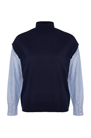 Kadın Moda Şık Büyük Beden Dik Yaka Standart Kol Regular Kolları Çizgili Dokuma Mixli Triko Kazak