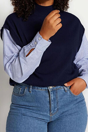 Kadın Moda Şık Büyük Beden Dik Yaka Standart Kol Regular Kolları Çizgili Dokuma Mixli Triko Kazak