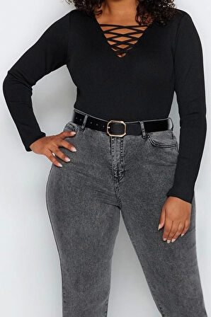 Kadın Büyük Beden Moda Şık Regular V Yaka Uzun Kol Düz Bordo Çapraz Britli Triko Kazak