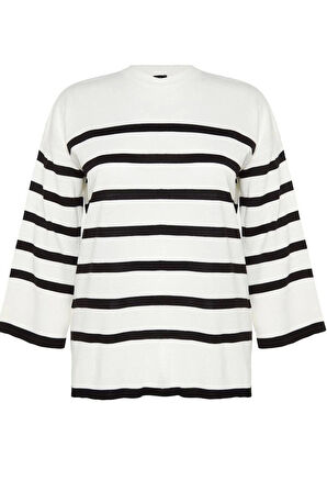 Kadın Büyük Beden Moda Şık Regular Gömlek Yaka Uzun Kol Çizgili Ekru Triko Kazak