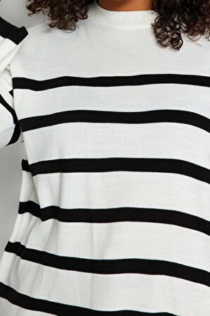 Kadın Büyük Beden Moda Şık Regular Gömlek Yaka Uzun Kol Çizgili Ekru Triko Kazak