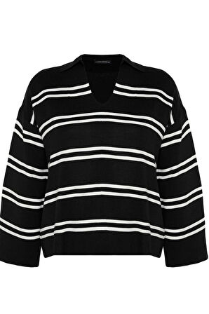 Kadın Büyük Beden Moda Şık Regular Polo Yaka Uzun Kol Çizgili Triko Kazak