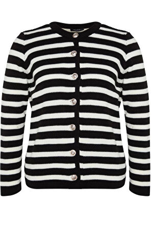 Kadın Büyük Beden Moda Şık Regular Bisiklet Yaka Uzun Kol Çizgili Triko Hırka