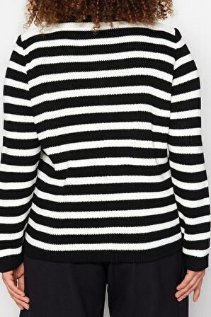 Kadın Büyük Beden Moda Şık Regular Bisiklet Yaka Uzun Kol Çizgili Triko Hırka