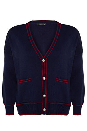 Kadın Büyük Beden Moda Şık Regular V Yaka Uzun Kol Çizgili Çizgi Detaylı Triko Hırka