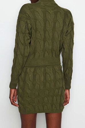 Kadın Moda Şık Regular Boy Uzun Kollu Crop Dik Yaka Triko Etekli Alt-Üst Takım