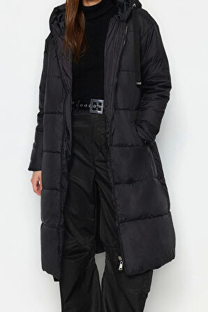 Kadın Moda Şık Regular Kapüşonlu Yaka Uzun Düz Astarlı Kapüşonlu Su İtici Uzun Şişme Mont