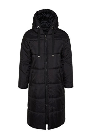 Kadın Moda Şık Regular Kapüşonlu Yaka Uzun Düz Astarlı Kapüşonlu Su İtici Uzun Şişme Mont