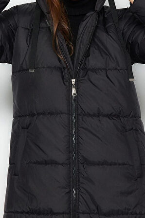 Kadın Moda Şık Regular Kapüşonlu Yaka Uzun Düz Astarlı Kapüşonlu Su İtici Uzun Şişme Mont