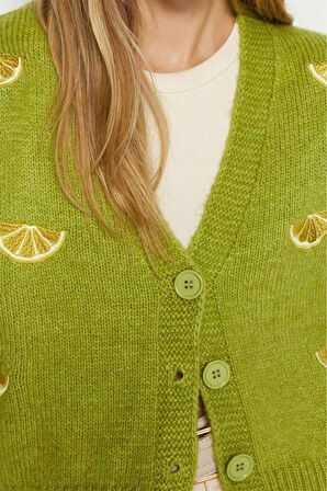 Kadın Moda Şık V Yaka Düşük Kol Regular Yumuşak Dokulu Nakış Detaylı Triko Hırka