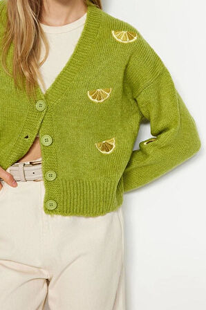 Kadın Moda Şık V Yaka Düşük Kol Regular Yumuşak Dokulu Nakış Detaylı Triko Hırka