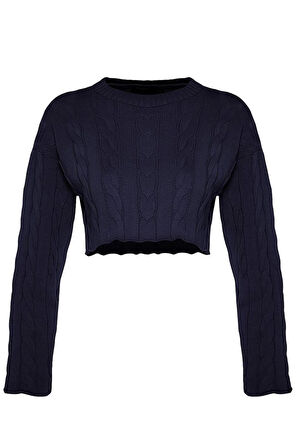 Kadın Moda Şık Crop Bisiklet Yaka Uzun Kol Saç Örgü Süper Crop Triko Kazak
