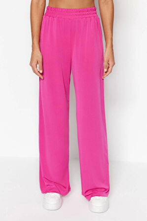 Kadın Yeni Moda Geniş Paça Regular Boy Örme Wide Leg Rahat Kesim Yüksek Bel Esnek Örme Pantolon