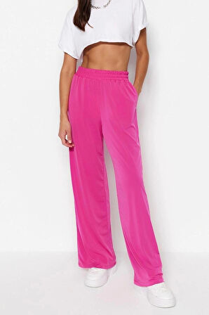 Kadın Yeni Moda Geniş Paça Regular Boy Örme Wide Leg Rahat Kesim Yüksek Bel Esnek Örme Pantolon