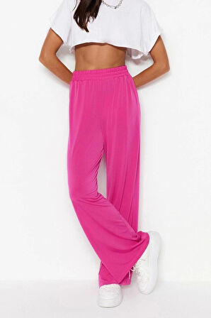 Kadın Yeni Moda Geniş Paça Regular Boy Örme Wide Leg Rahat Kesim Yüksek Bel Esnek Örme Pantolon