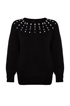 Kadın Moda Şık Bisiklet Yaka Standart Kol Regular Yumuşak Dokulu Taş Detaylı Triko Kazak