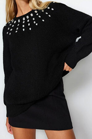 Kadın Moda Şık Bisiklet Yaka Standart Kol Regular Yumuşak Dokulu Taş Detaylı Triko Kazak