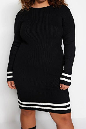 Yeni Fit Casual Günlük Fitilli Triko Bisiklet Yaka Uzun Kol Kazak Elbise Mini Boy Büyük Beden Elbise