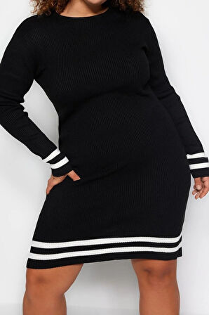 Yeni Fit Casual Günlük Fitilli Triko Bisiklet Yaka Uzun Kol Kazak Elbise Mini Boy Büyük Beden Elbise