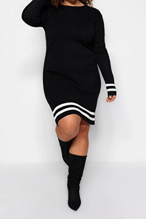 Yeni Fit Casual Günlük Fitilli Triko Bisiklet Yaka Uzun Kol Kazak Elbise Mini Boy Büyük Beden Elbise