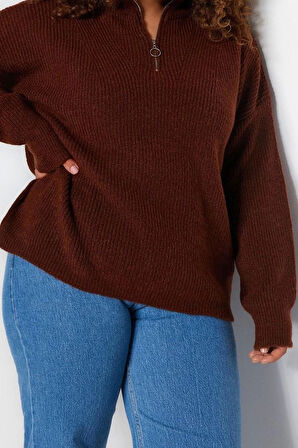 Kadın Büyük Beden Moda Şık Regular Fermuarlı Yaka Uzun Kol Düz Fermuarlı Yaka Triko Kazak