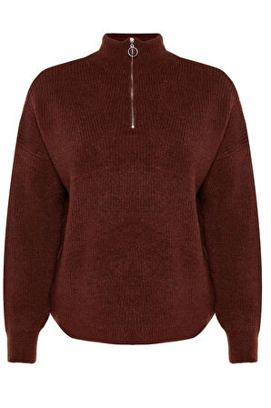 Kadın Büyük Beden Moda Şık Regular Fermuarlı Yaka Uzun Kol Düz Fermuarlı Yaka Triko Kazak