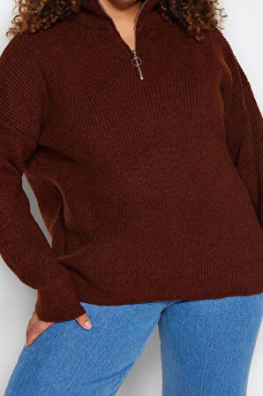 Kadın Büyük Beden Moda Şık Regular Fermuarlı Yaka Uzun Kol Düz Fermuarlı Yaka Triko Kazak