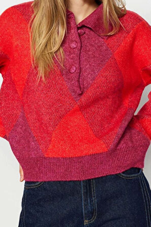 Kadın Moda Şık Polo Yaka Düşük Kol Regular Geniş Kalıp Yumuşak Dokulu Triko Kazak