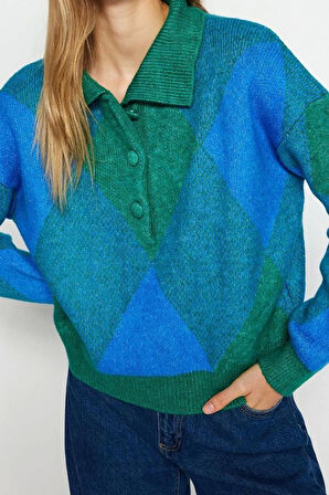 Kadın Moda Şık Polo Yaka Düşük Kol Regular Geniş Kalıp Yumuşak Dokulu Triko Kazak