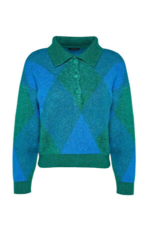 Kadın Moda Şık Polo Yaka Düşük Kol Regular Geniş Kalıp Yumuşak Dokulu Triko Kazak