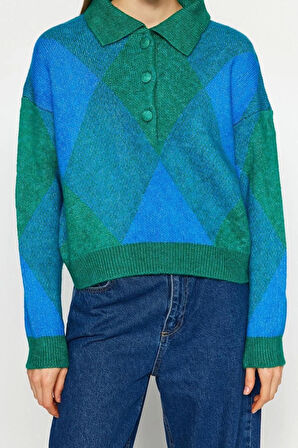 Kadın Moda Şık Polo Yaka Düşük Kol Regular Geniş Kalıp Yumuşak Dokulu Triko Kazak