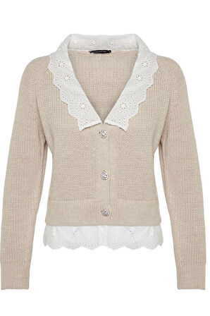 Kadın Moda Şık Regular V Yaka Regular Crop Dokuma Garni Detaylı V Yaka Triko Hırka