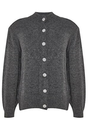 Kadın Büyük Beden Moda Şık Regular Bisiklet Yaka Uzun Kol Düz Taşlı Düğmeli Triko Hırka