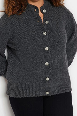 Kadın Büyük Beden Moda Şık Regular Bisiklet Yaka Uzun Kol Düz Taşlı Düğmeli Triko Hırka